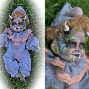 Evil Newborn Baby Clown w Demon horns & fangs Doll